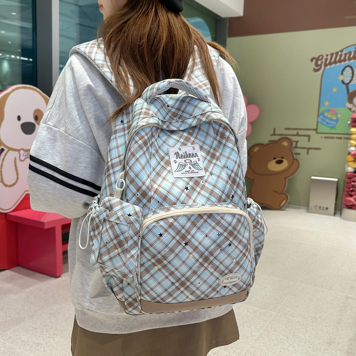 Lightweight nylon, cute star-striped student schoolbag, multi-pocket, large-capacity ladies' computer backpack