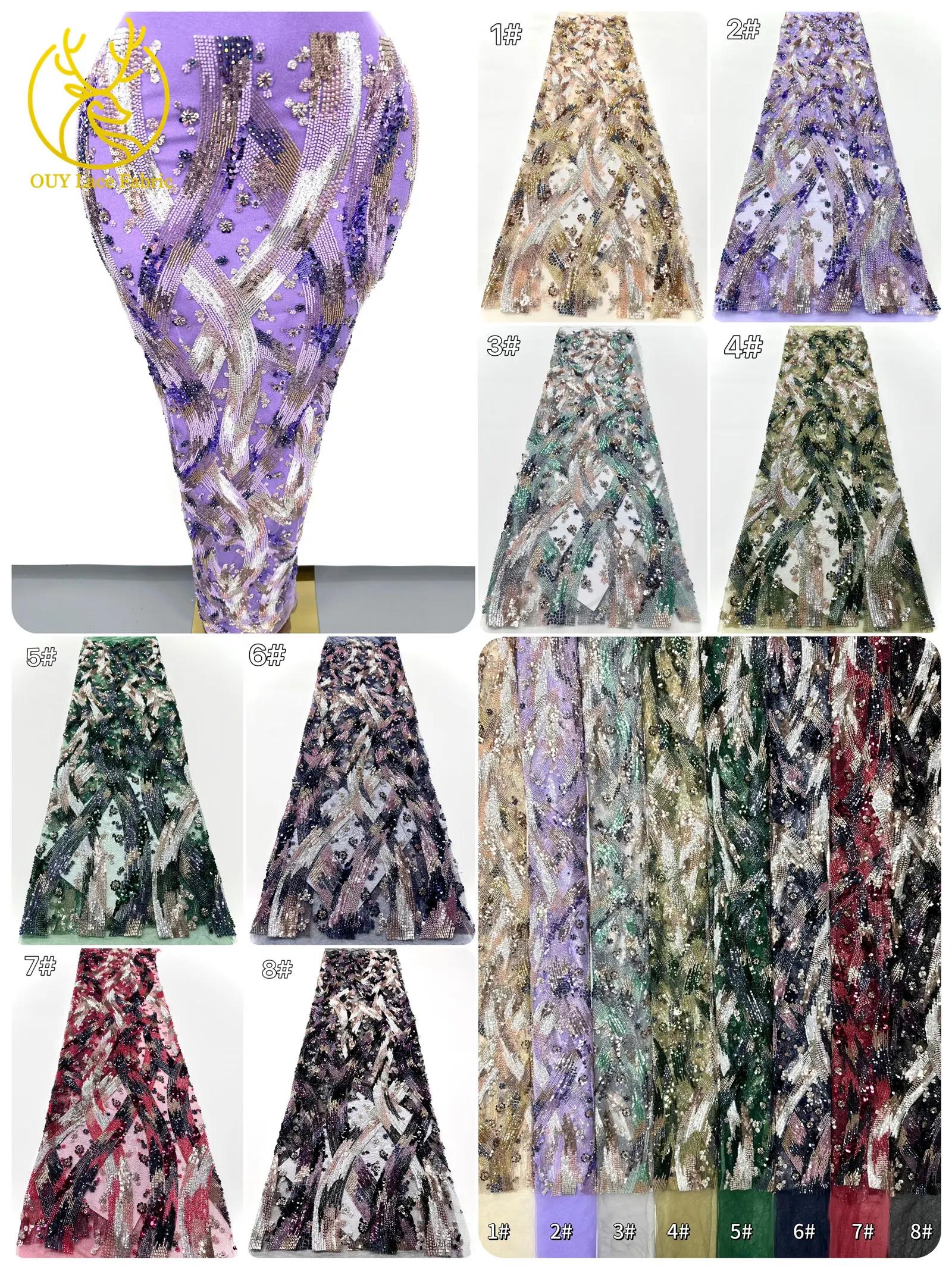 European New Design Purple Mesh Lace Fabric African Beaded Sequins Tulle Wedding Mesh Lace Fabric Wedding Dresses Women Sewing
