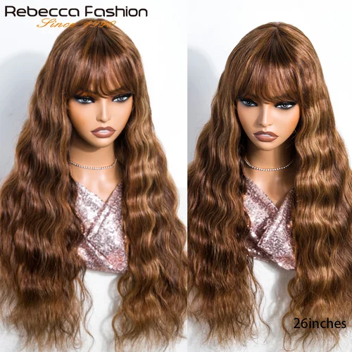 Imagen 2 del producto Pelucas de cabello humano ondulado P4/30/27 con flequillo, pelucas brasileñas 180D hechas a máquina para mujeres, pelucas de Cosplay, cabello QVR