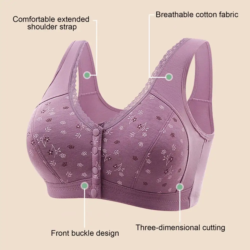 

Wire-free Bra Elegant Lace Shoulder Strap Grandmother Bra for Mid-aged Women Plus Size Printed Push-up Wireless Mother Bra