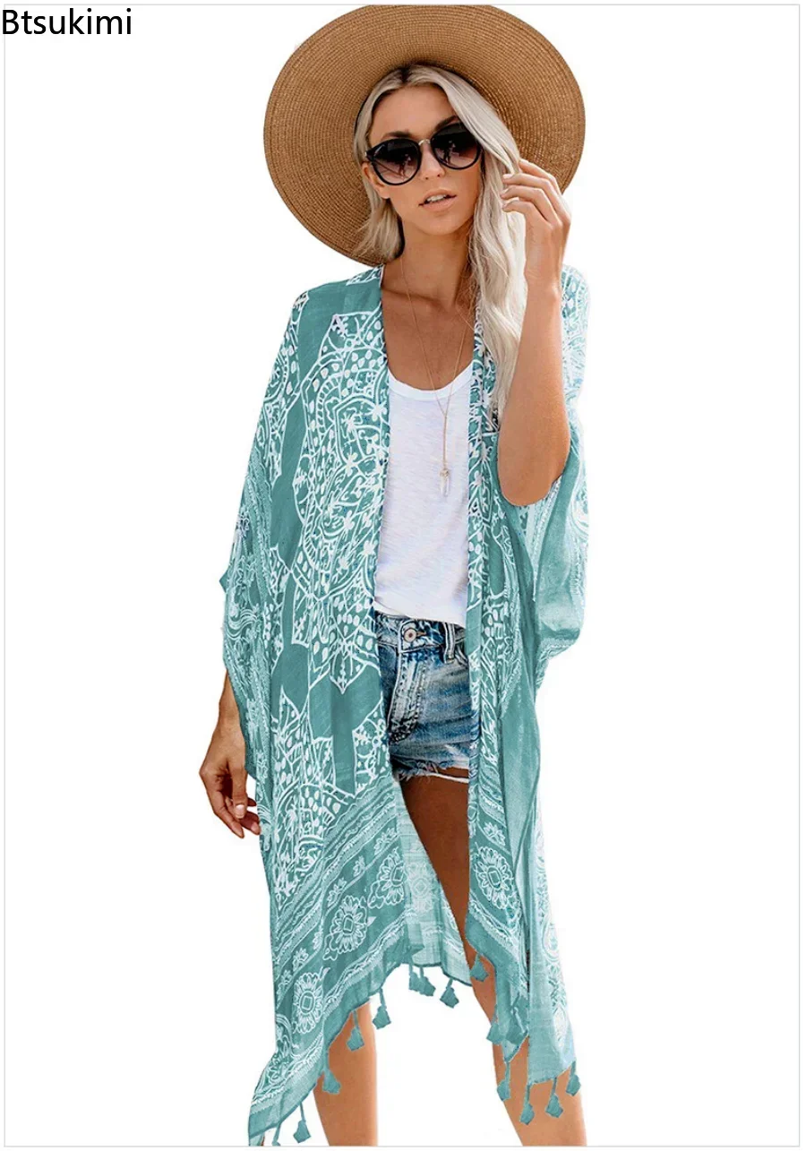 New 2024 Sexy Bikini Cover-ups Boho Printed Fringed Long Kimono Carfigan Tunic Women Plus Size Beach Wear Swim Suit Cover Up