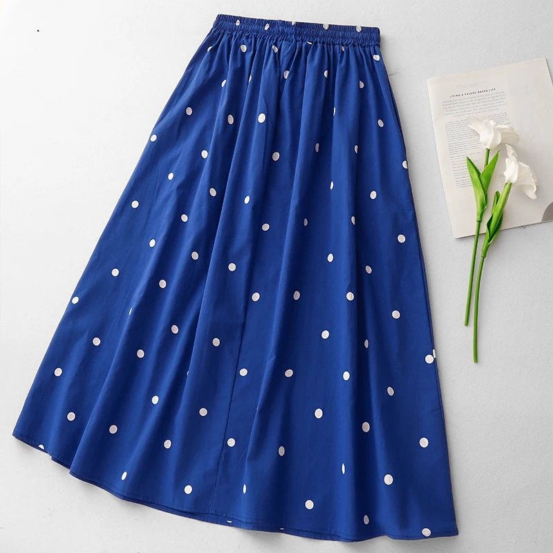 الأزرق البولكا نقطة القطن الخالص ألف خط ميدي تنورة المرأة الربيع الصيف جديد الخصر Cinching طباعة f طول مظلة تنورة