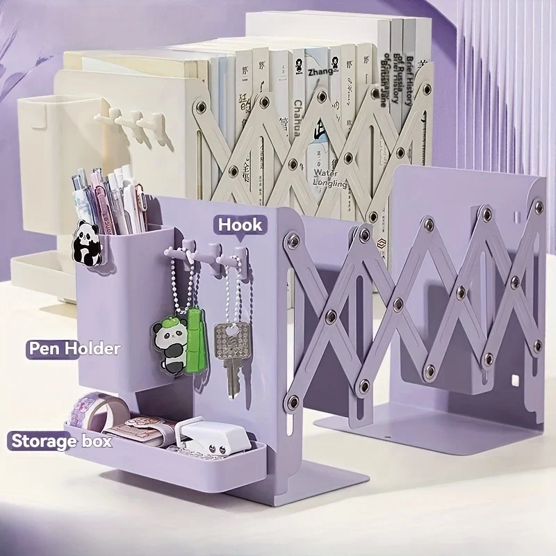 A Set of Sturdy And Versatile Retractable Bookends with Pen Holder Hooks And Storage Boxes, 6pcs Foldable Space-Saving Desktop