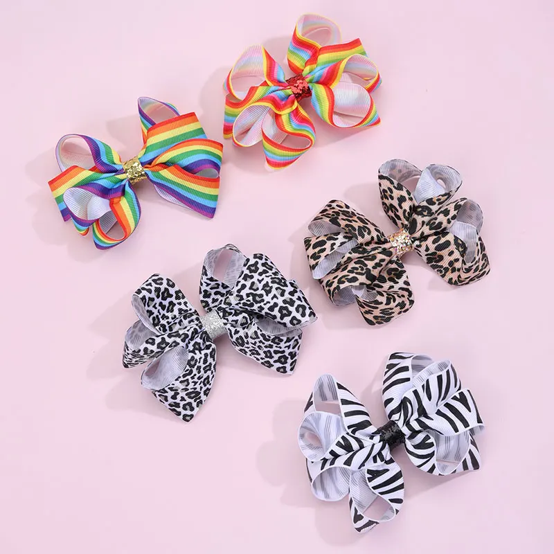 Fashion Ribbon Leopard Print Hairpins Barrettes Handmade Rainbow Hair Bow Clips For Girls Kids Hair Party Styling Accessories