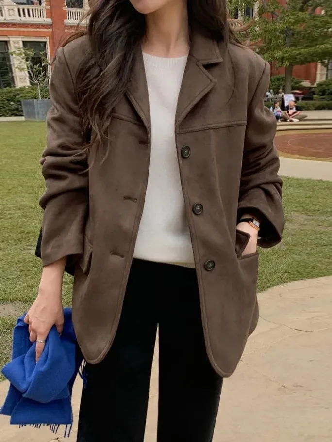 

Замшевый жилет в стиле ретро, осенне-зимний теплый дизайн, женская модная верхняя одежда, костюм с воротником на подкладке, корейское пальто для поездок на работу