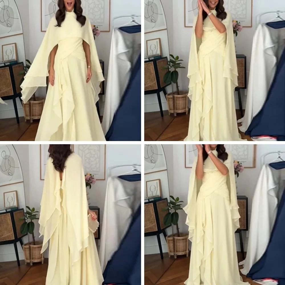

Elegant Yellow Pleated Gown Women's High Neck Ruffle Floor-Length Dress for Cocktail Party