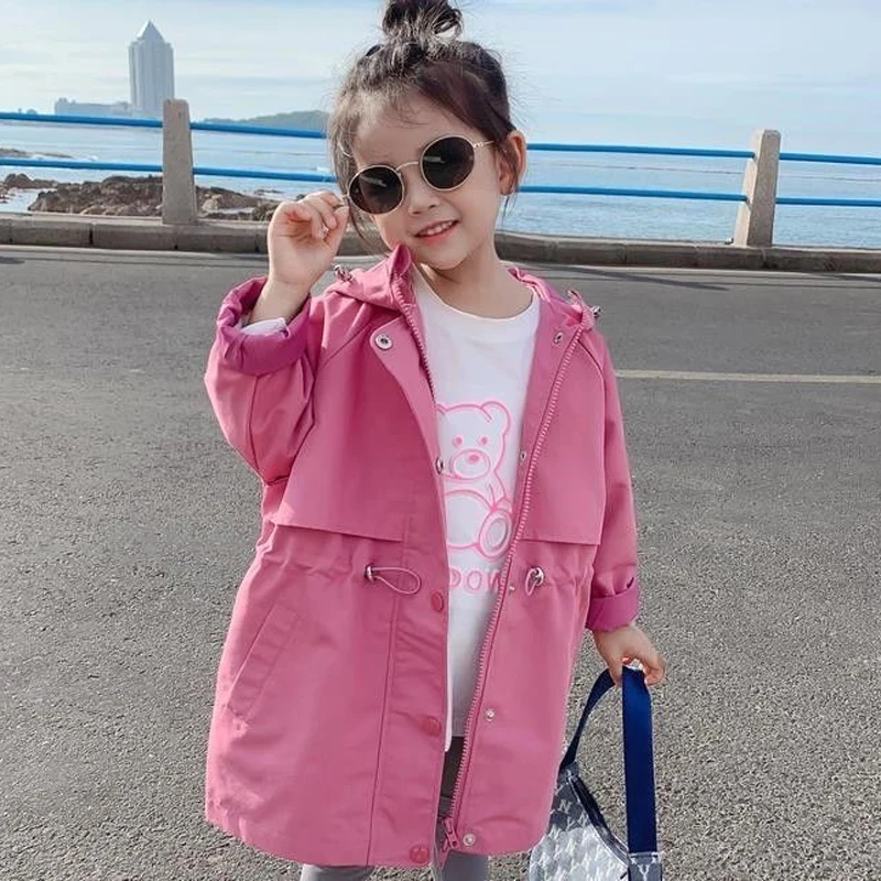 2026 Hot Selling Spring Autumn Girls Coat Long Style Waist Retractable Hoodies Windbreaker Jacket For 3-12 Years Old Kids
