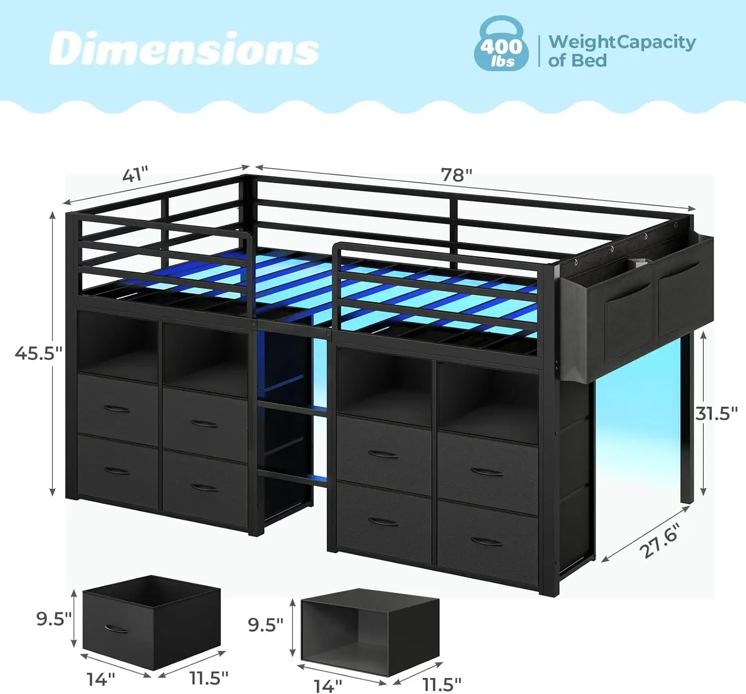 ADORNEVE Low Loft Bed Twin Size with 8 Storage Drawers, Twin Loft Bed with Bookcase and LED Lights, Metal Kids Loft Bed with 14