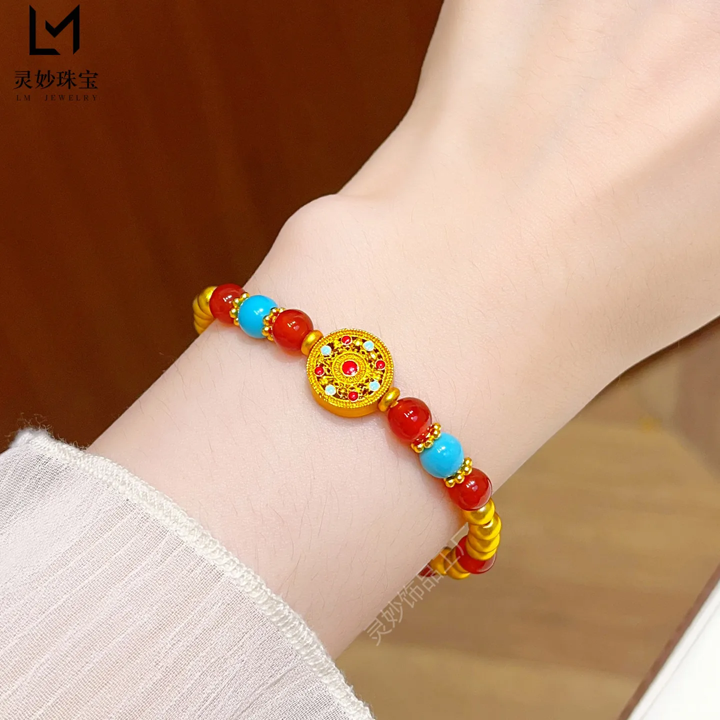 Matte Low-luxury Enamel Red Blue Lotus Bracelet For Women 24K Gold AU999 create rich colorful layered texture on female wrists