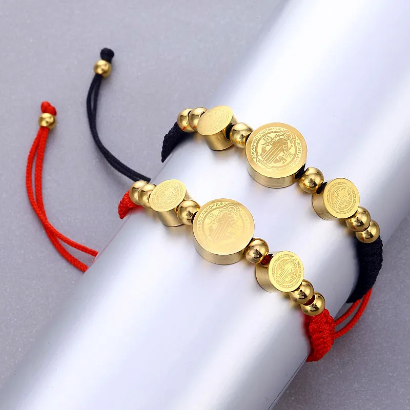 San Benito Bracelet Stainless Steel Bracelet For Women Metal San Benito Medal Bracelet Adjustable Braided Cotton Cord Bracelets