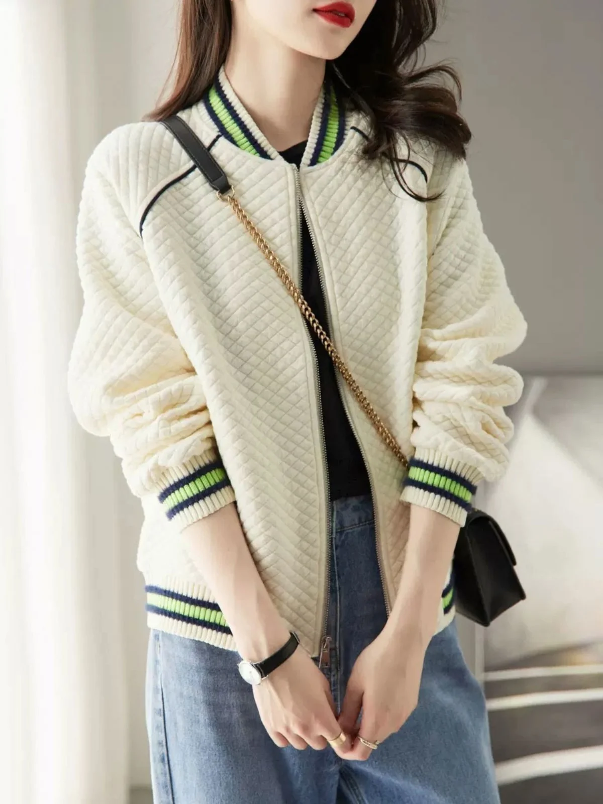 Fashionable Women's Baseball Jacket Short Casual Top with Label Trim Autumn Houndstooth Sporty Style Straight Cut Regular Length