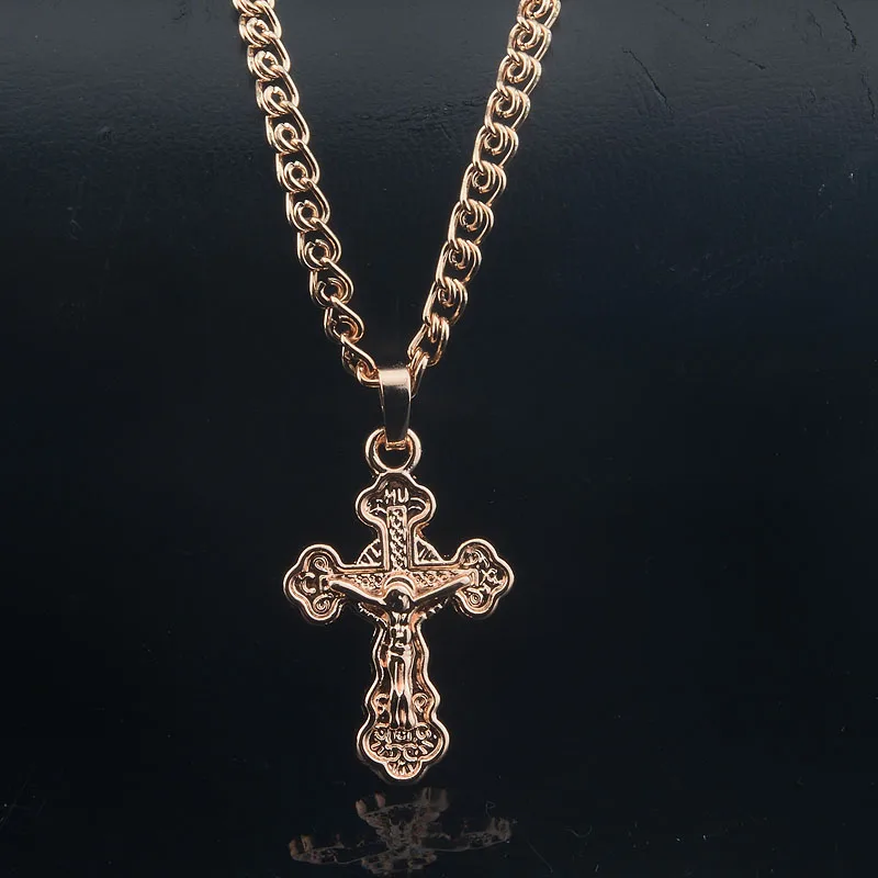 Fashion Jewelry Men Women 585 Rose Gold Color Smart Cross Pendant Link 50cm Necklace Chains