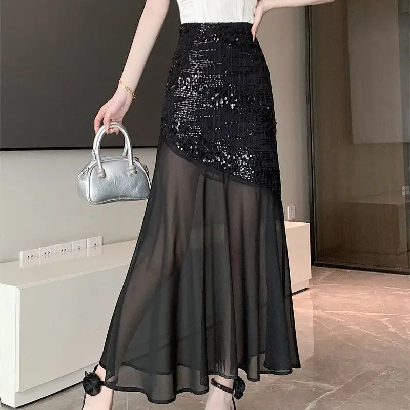 2024 Fragrant Wind Bright Silk Mesh Fishtail New Half length Skirt Long Skirt Summer High Waist One Step Skirt