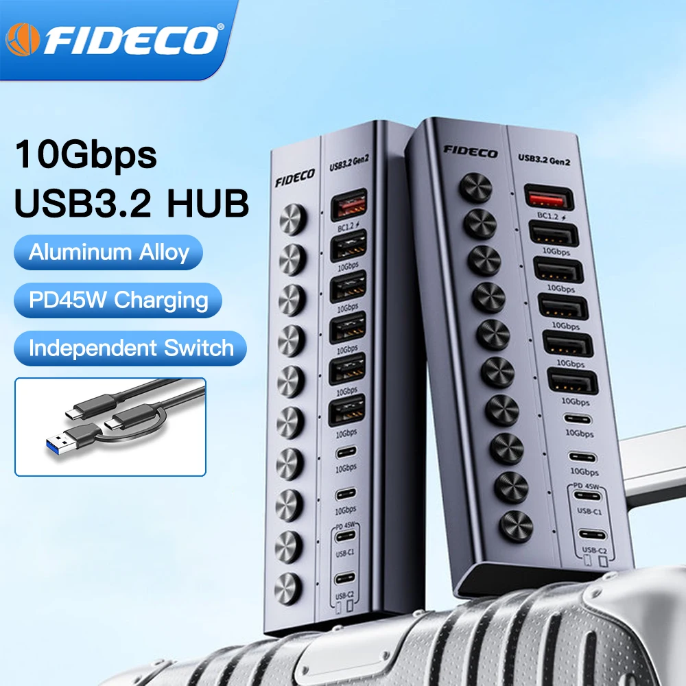 FIDECO 10 Ports USB3.2 10Gbps Hub Multiple Splitter PD45W Charging with Individual Switch USB Splitter High Speed Data Transfer