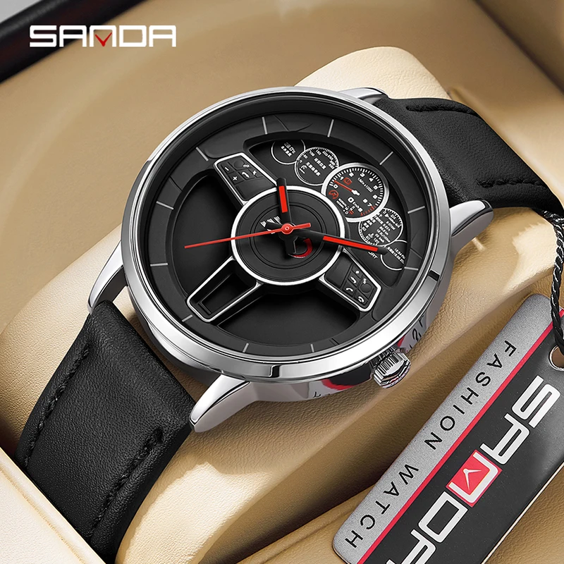 

SANDA 1139 Men Quartz Watches Steer Wheel Design Leisure Creative Unique Business Stainless Steel Strap Wrist Watches for Male