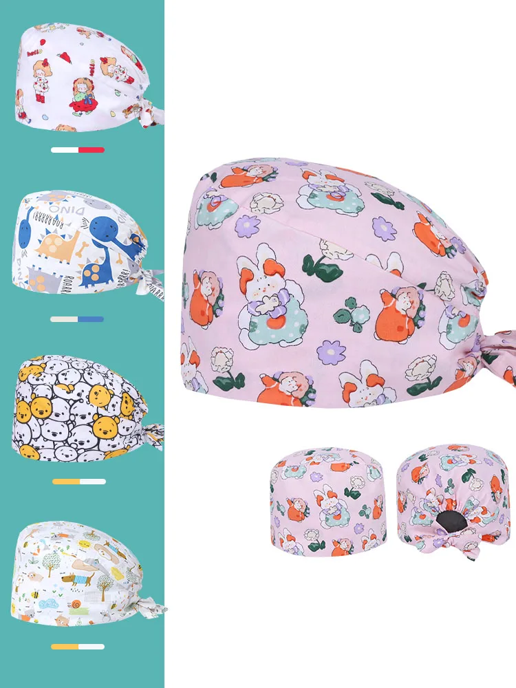 

Happy Girl Surgeon Print Medical Scrub Cap Nurse Surgical Hat Cotton Tieback Straps Hospital Veterinary Doctor Dentist Skullcap