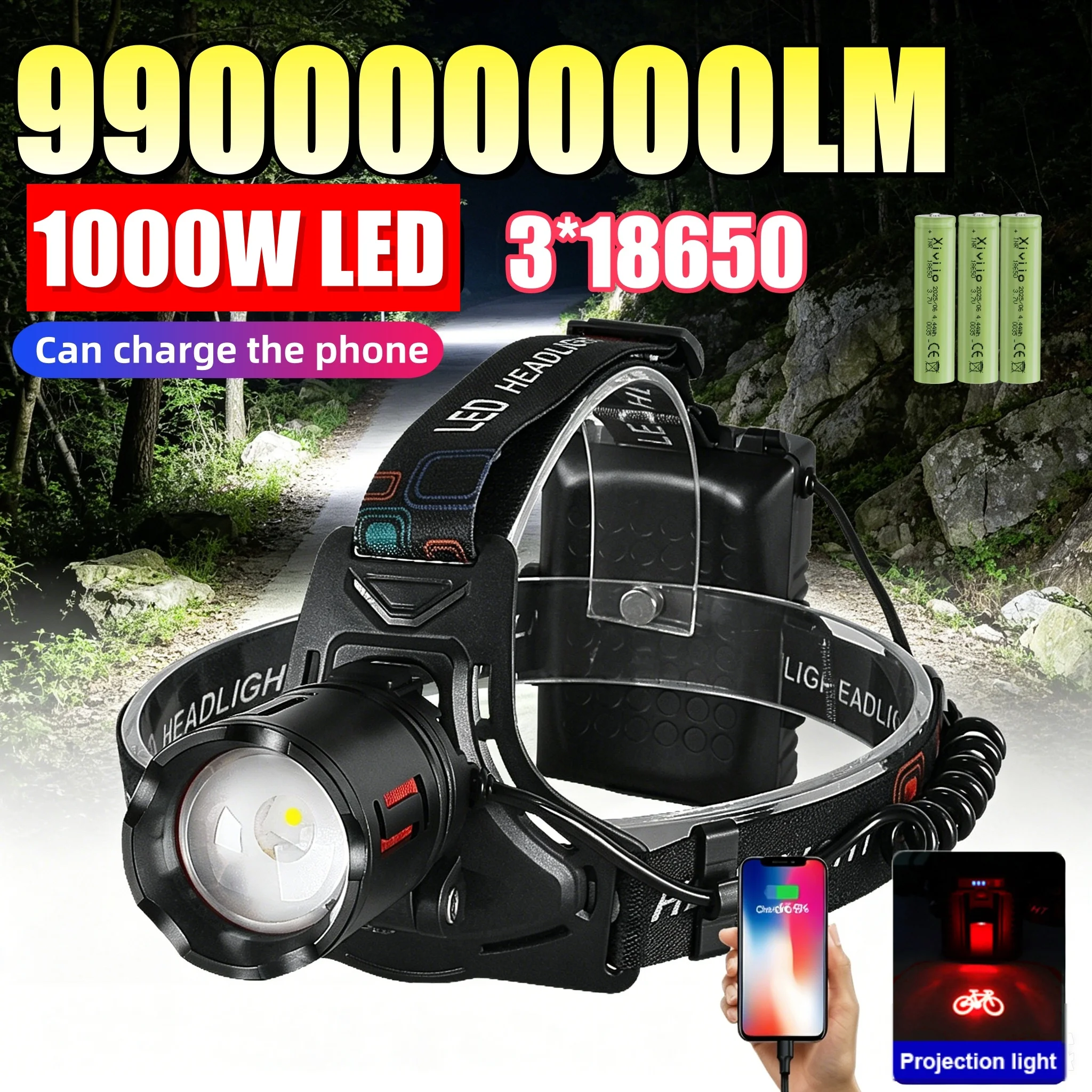990000000LM Ultra Powerful Headlamp 3*18650 USB Rechargeable LED Headlamp Super Bright 5000M Head Flashlight Fishing Hiking