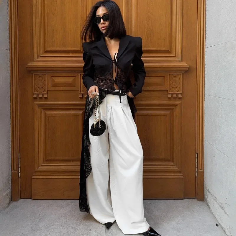 

Fmxires Black Lace Blazer Women New Fashion Hollow Out Lace Patchwork Lace-up Long Cardigan Sexy Streetwear Party Female Blazer