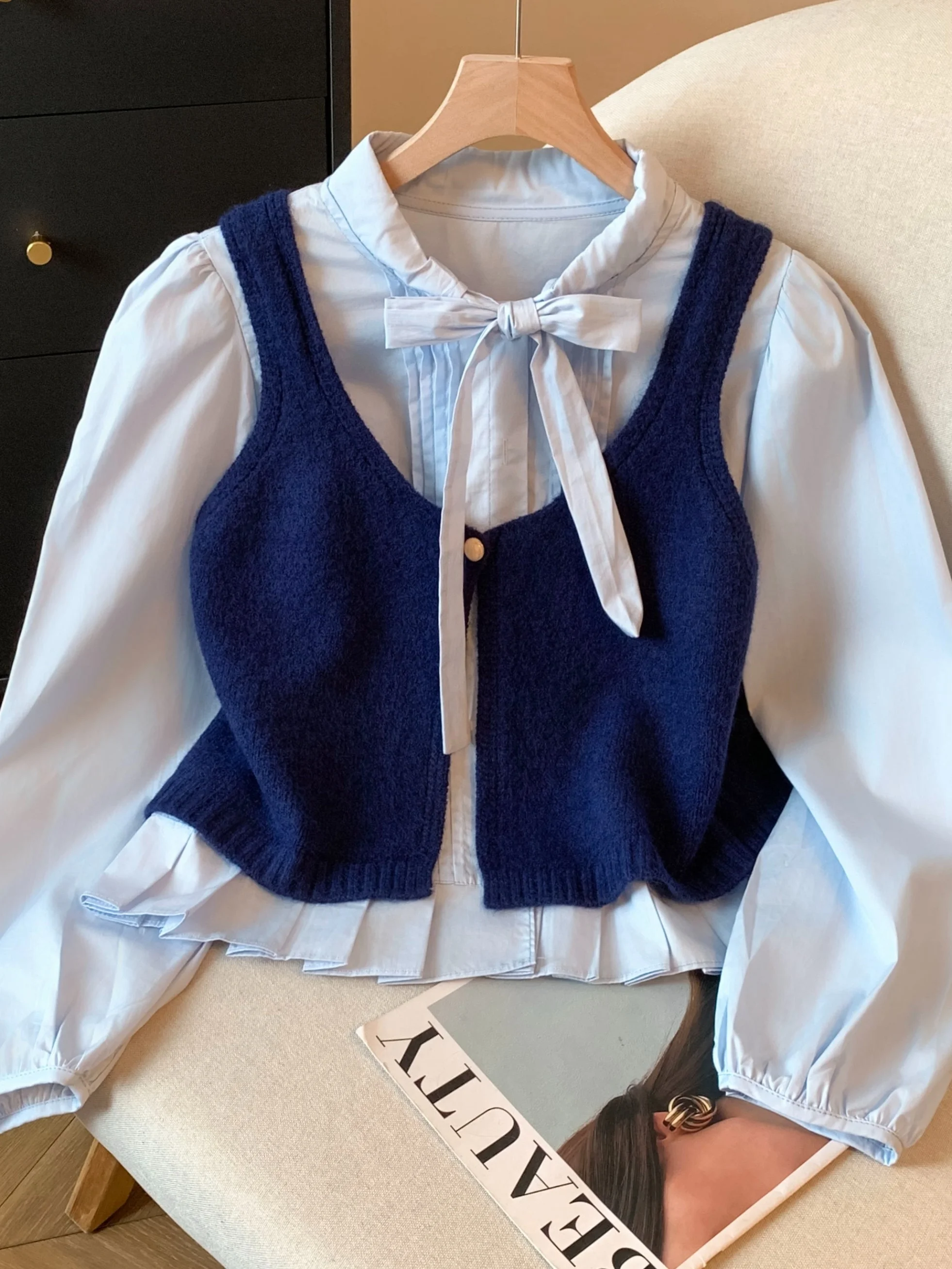 

Women's Knot Belted irt Knitted Vest Two-Piece Set Original Design Straight Cut Long Sve round Ne ort Length