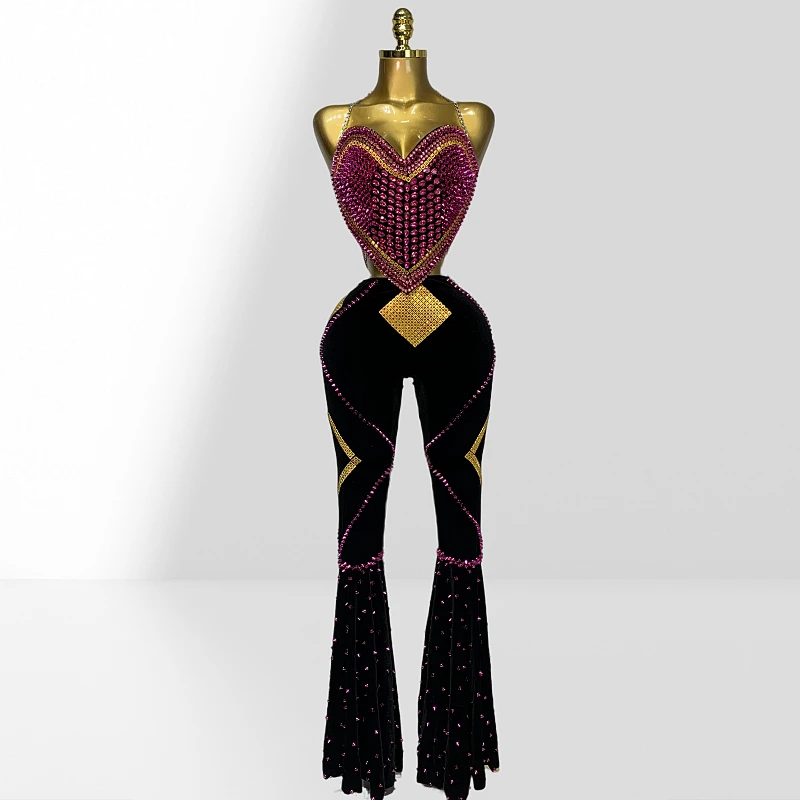 

Сексуальный черный топ с блестящими бриллиантами в форме сердца и брюки-клеш, комплект из 2 предметов, модный наряд для вечеринки, сценический костюм