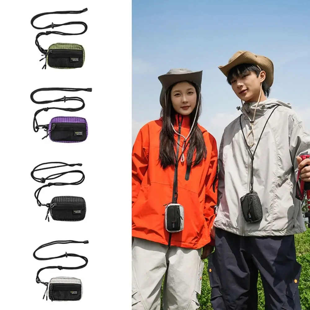 Lightweight Grid Fabric Mini Neck Pouch Adjustable Neck Lanyard Multi-compartment Design Storage Bag Water Resistant
