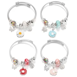 New Rhinestone Butterfly Pendant Stainless Steel Beaded Bracelet 4 Colors Painted Flowers Closure Bangles Bracelet Women Jewelry