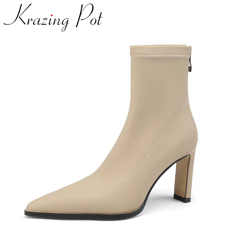 

Krazing Pot Microfiber Pointed Toe Super Think High Heels Modern Boots Stovepipe Office Lady Large Size 42 Zipper Ankle Boots