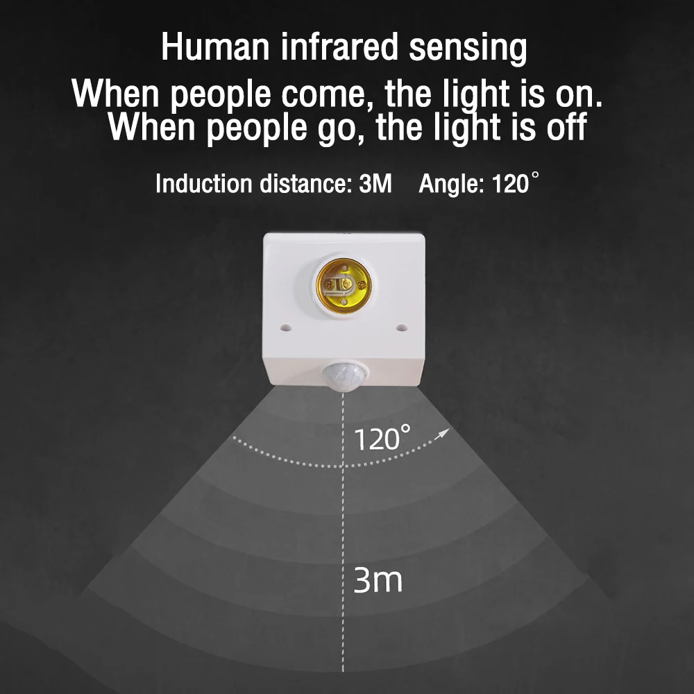 PIR Infrared Motion Sensor E27 Socket Adapter, 100W LED, Wide Voltage 85-265V, Auto Switch