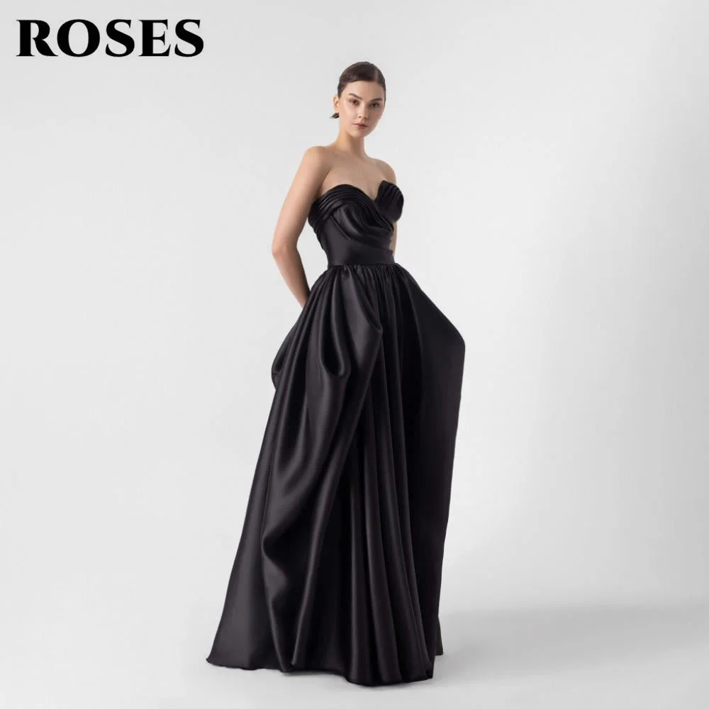 

ROSES Black Prom Dress Sweetheart Evening Dress with Structured Satin Ruffle Party Dress Floor Length Robe De Soirée Customized