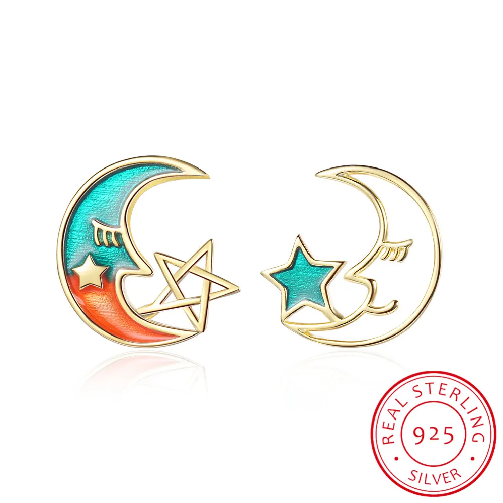 Brincos de lua e estrela frescas para mulheres 100% real 925 prata esterlina joias de declaração de casamento e noivado sce875