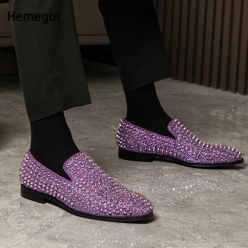 Men Rivets Loafers Purple Bling Bling Glitter Round Toe Slip-On Flat Leisure Shoes Dress Shoes Business Fashion Wedding Flats