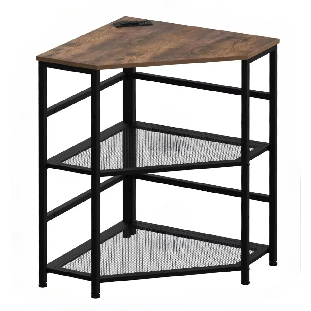 Corner table with power socket charging plug USB port adjustable storage shelf computer tower CPU stand home office