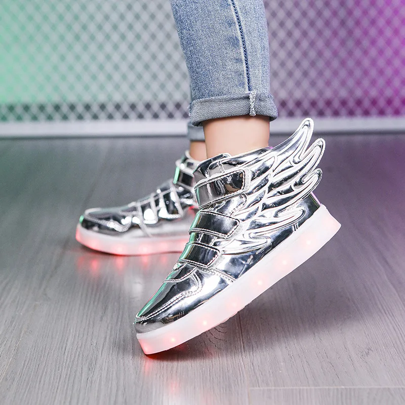 New High-top Wing Light-up Sneakers Boys Girls Kids Led Non-slip Rubber Casual Shoes Trendy Comfortable Children Sports Shoes