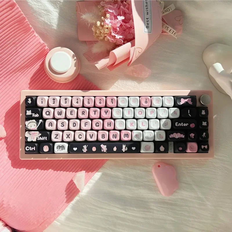 Pink Cat Theme Keycaps Set PBT Sublimation Cute Black Pink Keyboard Caps Custom MOA Cherry Profile Key Caps Mechanical Keyboard