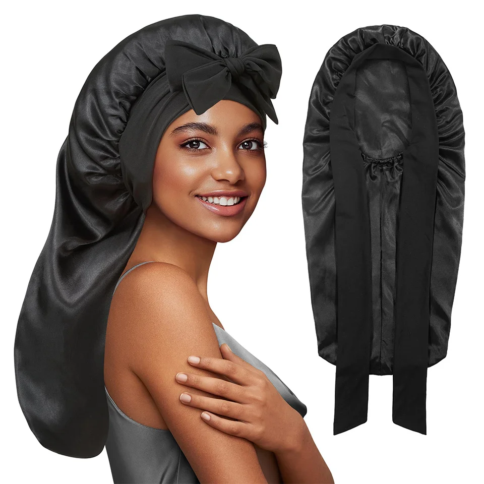 2pcs Extra-Large Satin Bonnets, Soft and Comfortable Hair Care Covers for Women with Long Ribbon, Elastic Band for All Hair Type