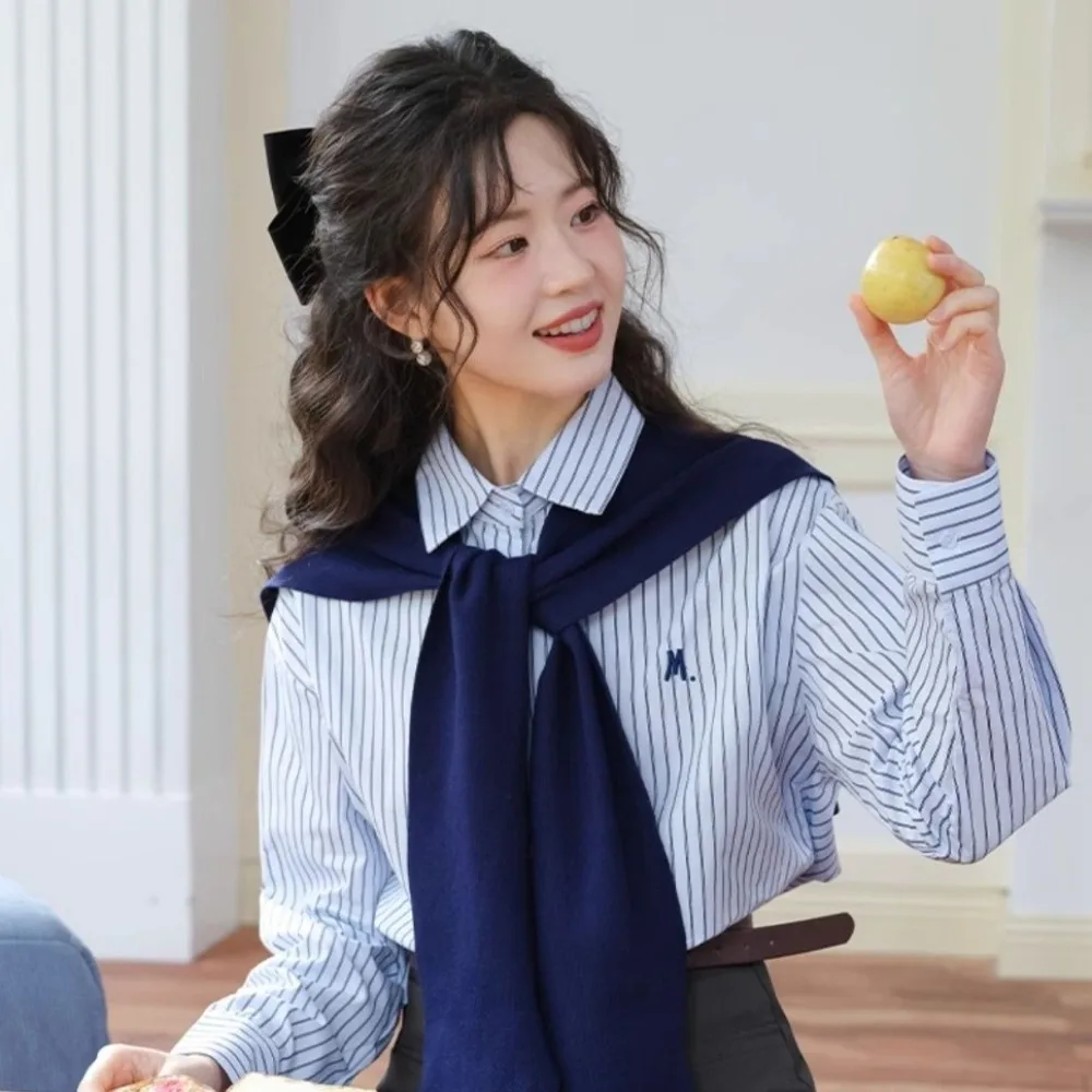

Korean Y2K Striped Shirts Women Preppy Style Button Up Two Pieces Set Blouse Embroidery Letter Loose Long Sleeve Shirts Girls