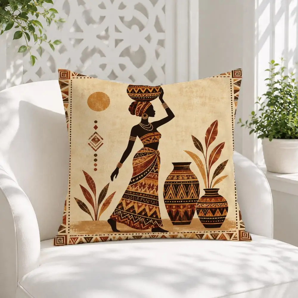 Traditional Culture African Women Cushion Cover 1/4PCS Soft Short Plush Print Throw Pillow Case For Sofa Bed Home Decor