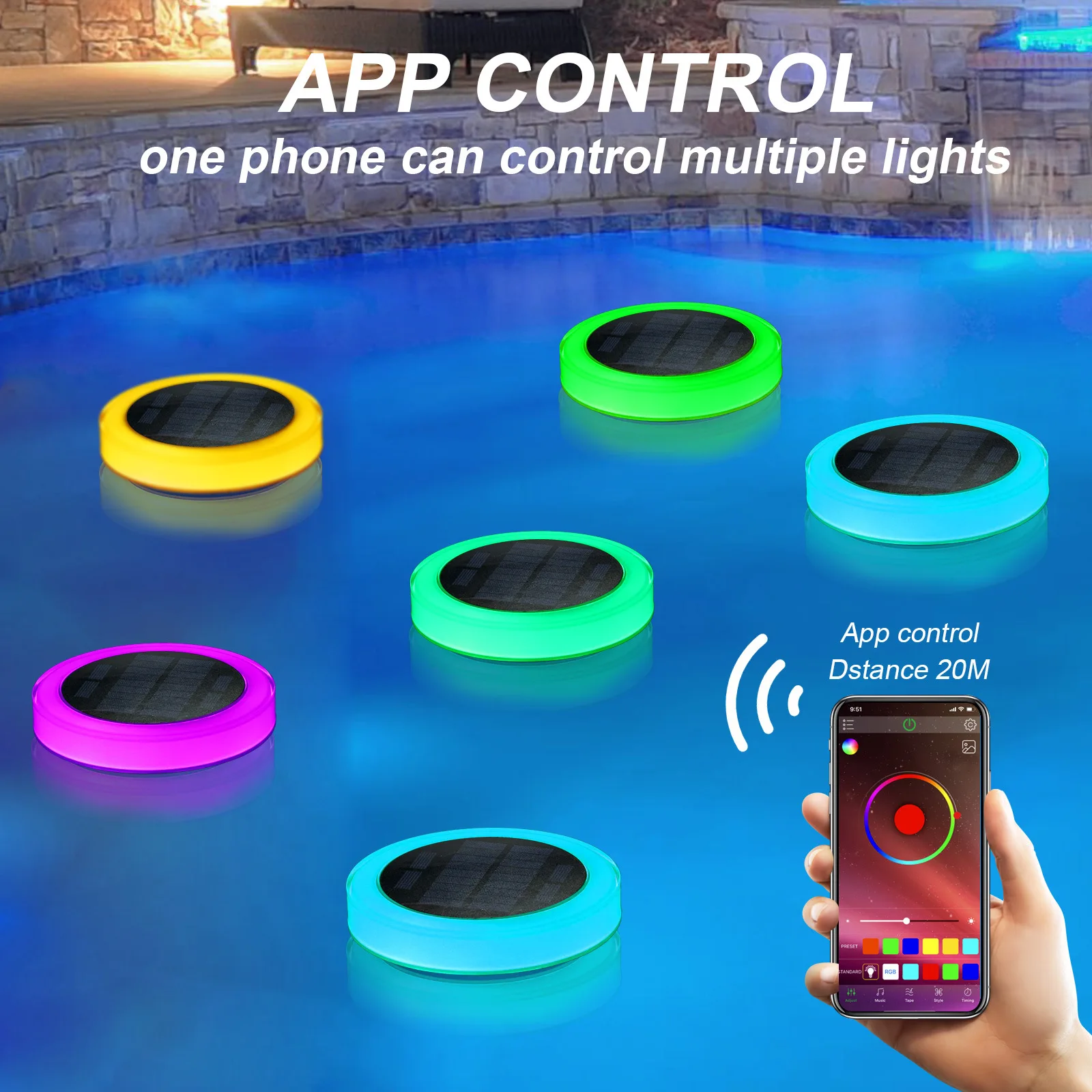 Solar LED Water Float Light Outdoor Waterproof IP68 Smart RGB Lamp Control Sensor Pool Lights For Swimming Pools Garden Lighting