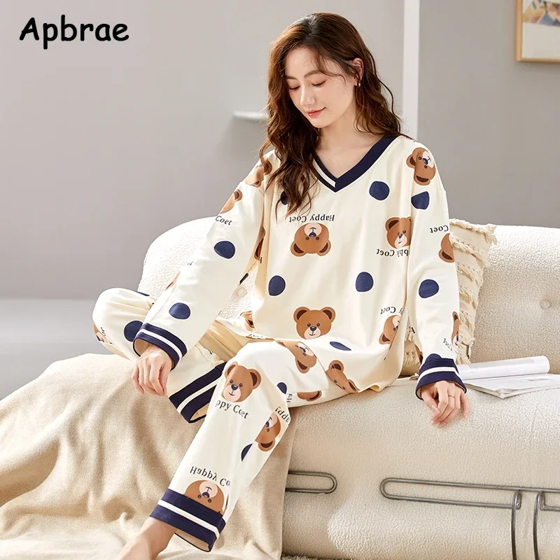 Cute Bear Print Pajamas for Women Autumn Winter Long Sleeve Cotton Sleepwear Soft Pijamas Leisure Cartoon Girls Homesuits Pjs