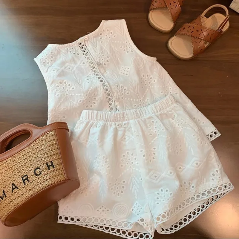 2025 New Summer Baby Kids Clothes Set Hollow Out Lace Vest+Shorts Girls 2Pcs Suit Vacation Style Children Jacquard Outfit