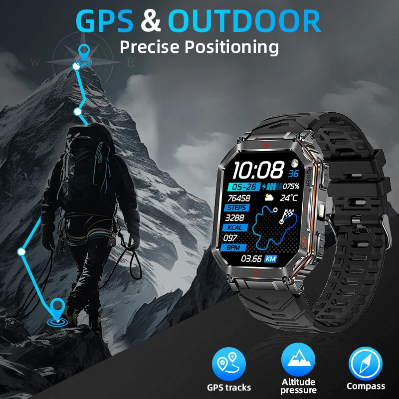 New GPS Tracker Smart Watch Men Compass 450mAh Battery Sport Watch Altimeter Barometer 2.01" HD Screen Bluetooth Call Smartwatch