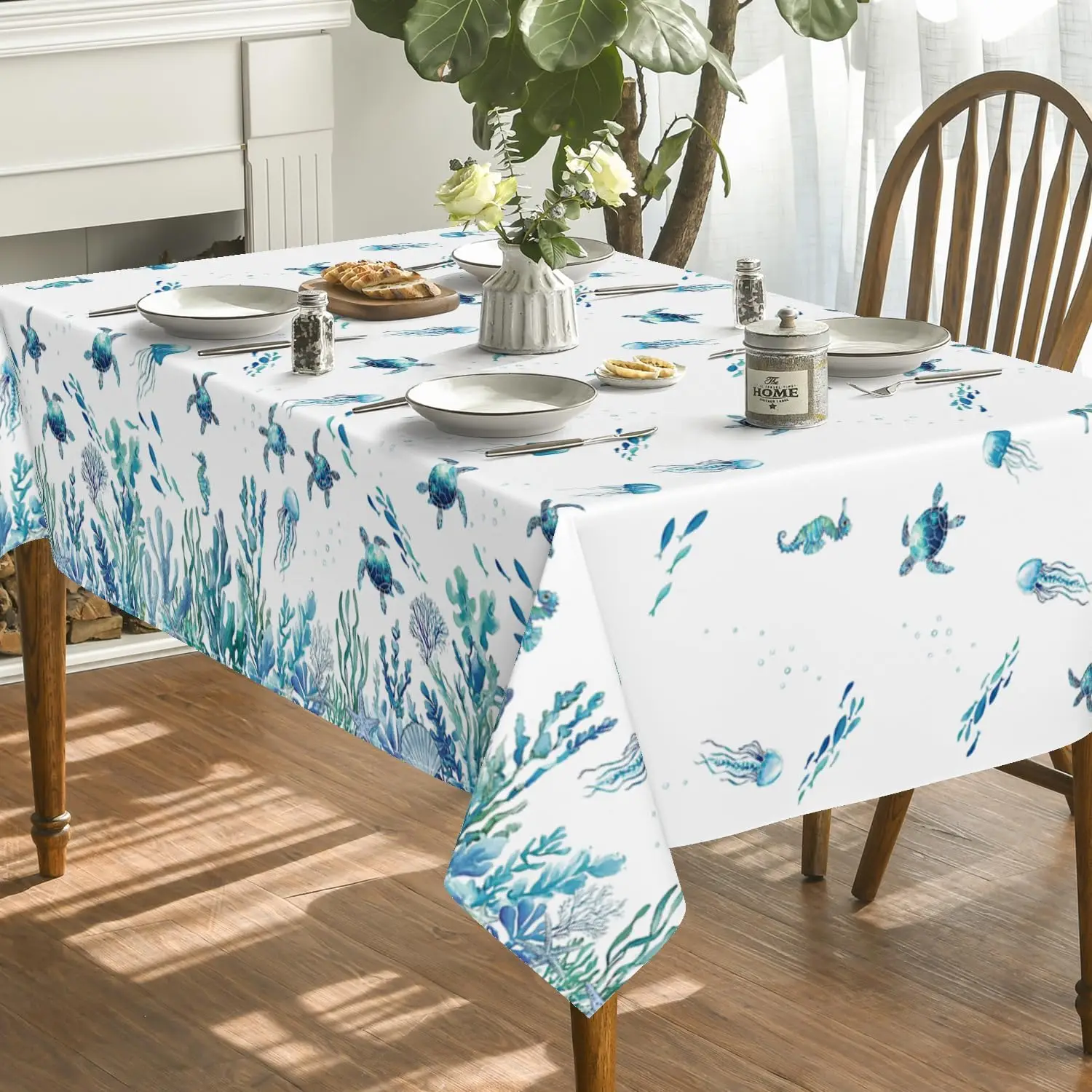Mantel rectangular impermeable de algas marinas, tortuga marina azul, decoración de fiesta, mantel lavable para granja, cocina