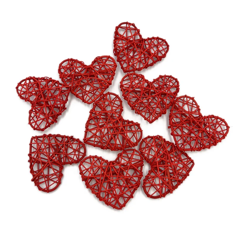 

100pcs 6cm Heart Shaped Natural Wicker Rattan Balls Vase Fillers for Christmas Tree Ornament Wedding Birthday Party Decor(Red)