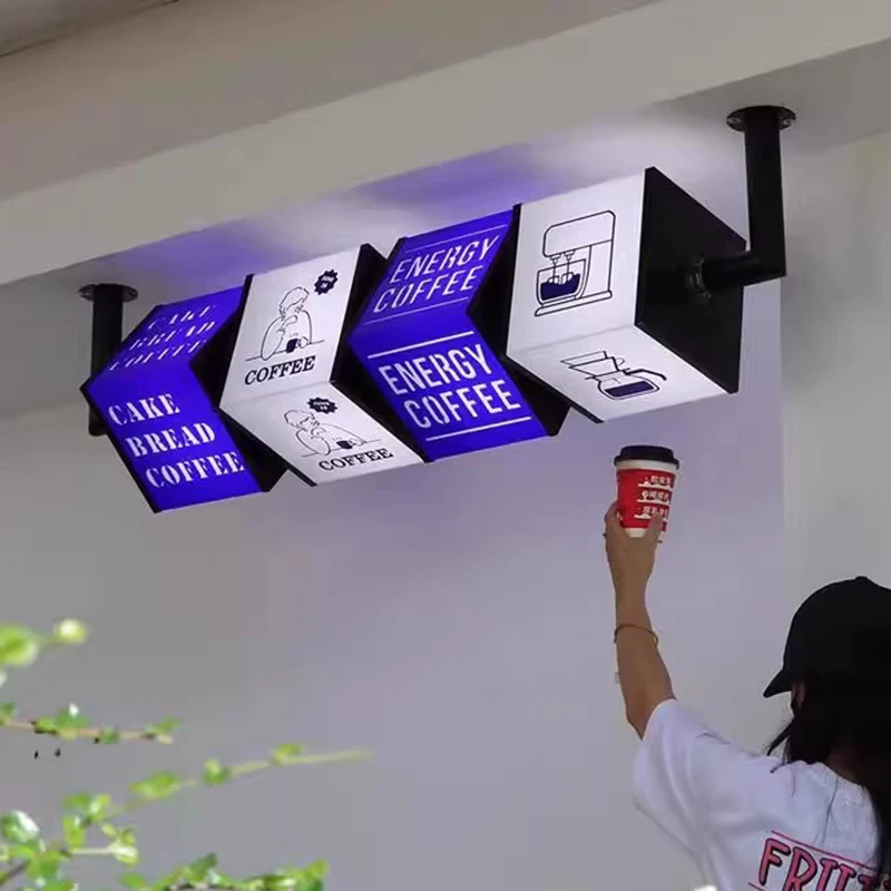 

Custom Ceiling Mounted Menu Board Lighting Sign Led Cube Four-Sided Rotating Advertising Light Boxes