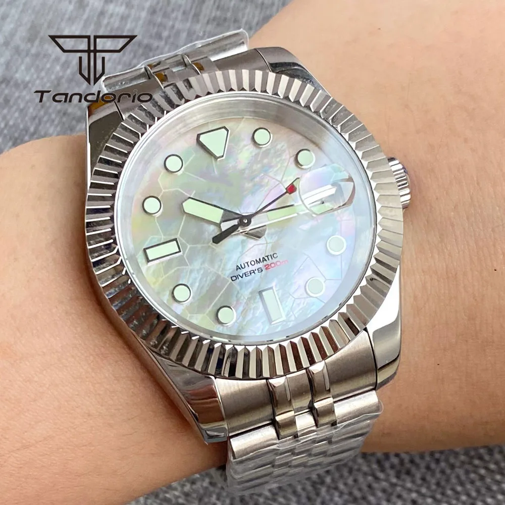 

Tandorio NH35A 36mm/39mm Steel Fashion Automatic Watch for Men Mother of Pearl Dial Date Sapphire Crystal Fluted Bezel Luminous