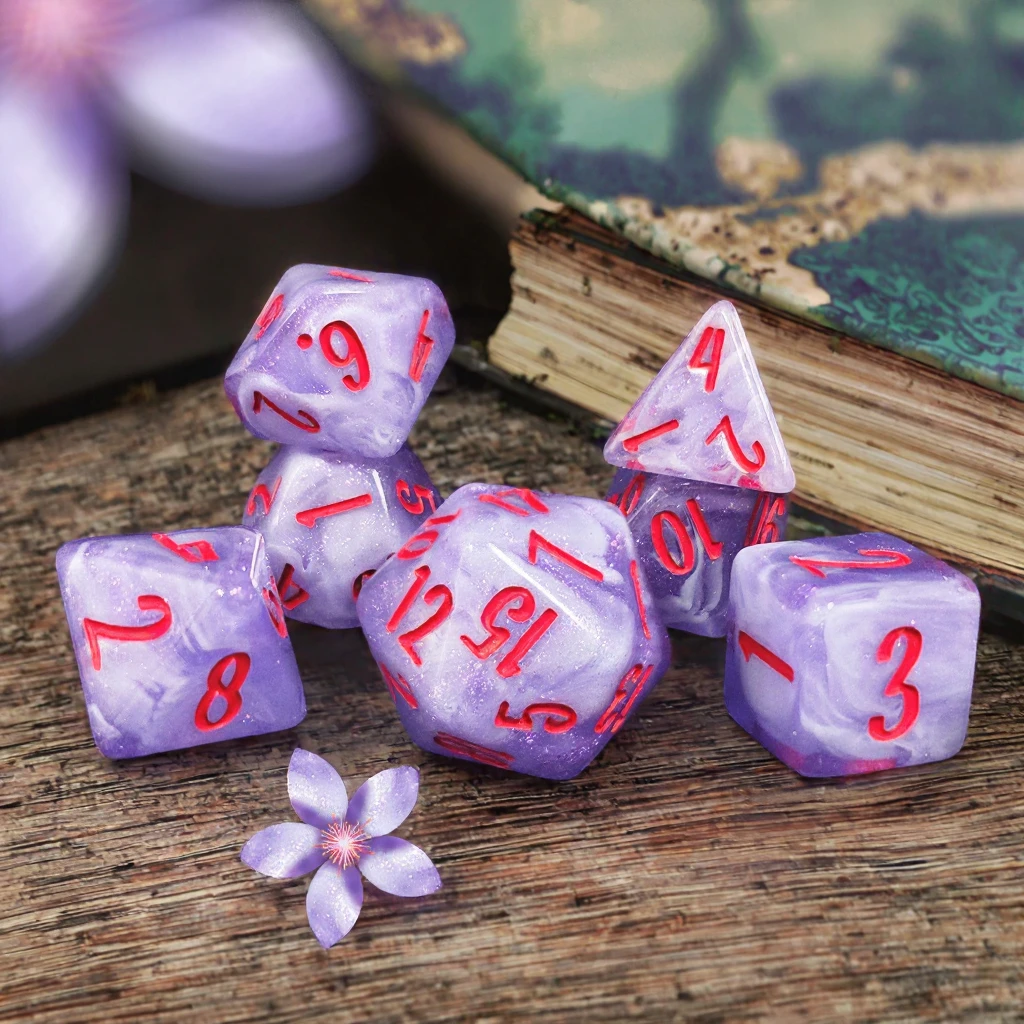 7Pcs Lavender Purple Swirl Glitter Polyhedral DND Dice Set,Resin RPG Dice With Bright Red Ink Numbers For DND TTRPG Card & Board