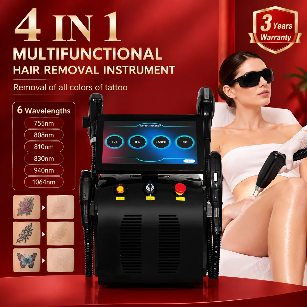 7000W 4-in-1 Diode Laser Pico IPL RF Beauty Device - Hair Removal Tattoo Removal Skin Rejuvenation