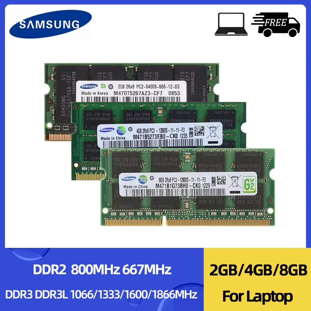 SAMSUNG Notebook Ram DDR2 2GB 4GB 667MHz 800MHz DDR3 DDR3L 2GB 4GB 8GB 1066 1333 1600 1866MHz SODIMM 204pin Memory For Laptop