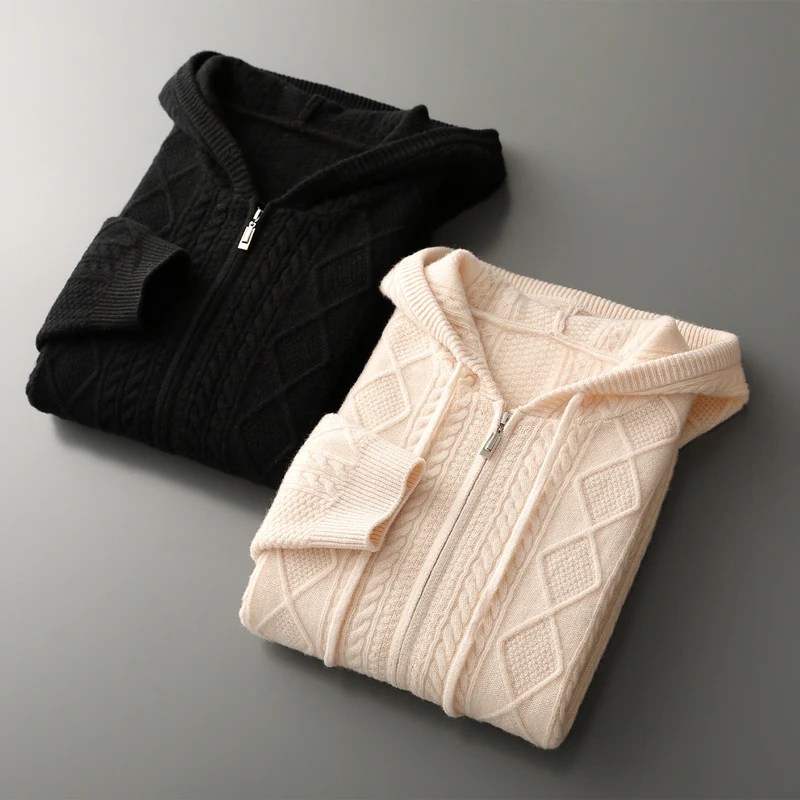 

Men Autumn Winter Hooded Zipper Cardigan Sweater Thick Warm Knit Wool Jacket 100% Merino Wool Sweater Smart Casual Top Coat