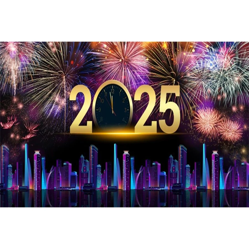 Happy New Year 2025 Backdrop City Night New Year Eve Fireworks Christmas New Year Family Photography Background Photo Studio